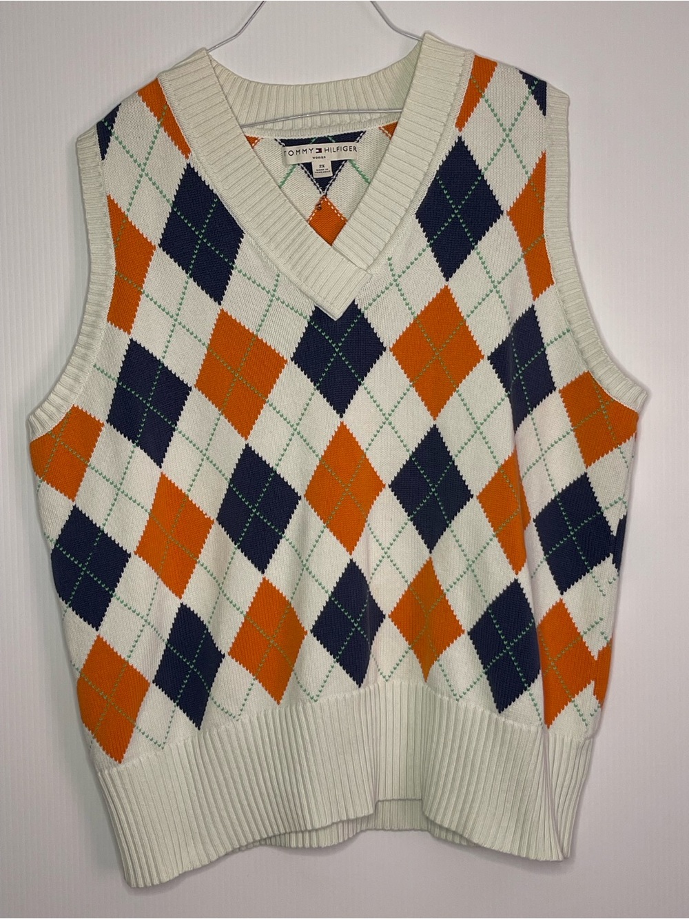 Tommy Hilfiger Cream V-Neck Argyle Sweater Vest with Navy & Orange